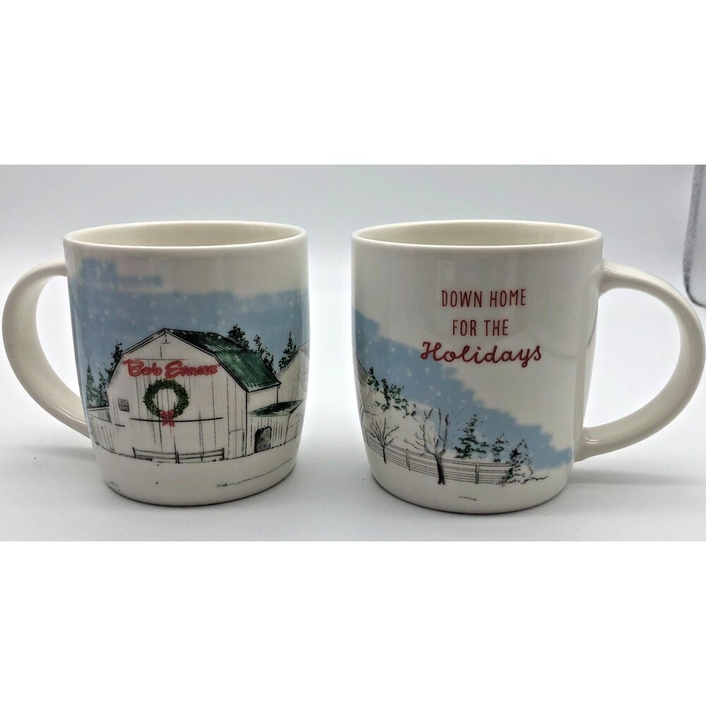 Bob Evans Down Home for the Holidays Coffee Mug Set of 2 Farm Barn Country Xmas